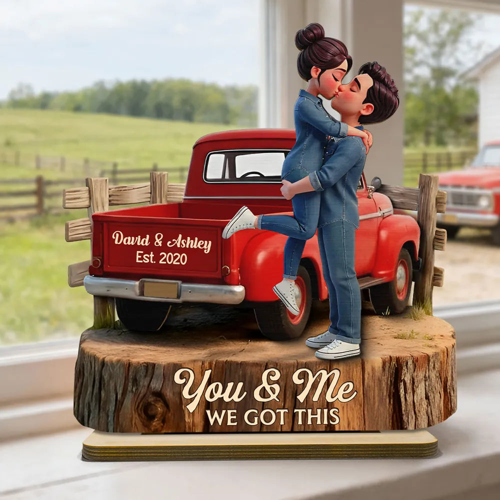 Kissing Couple in Red Pickup Truck - Personalized Wooden Plaque
