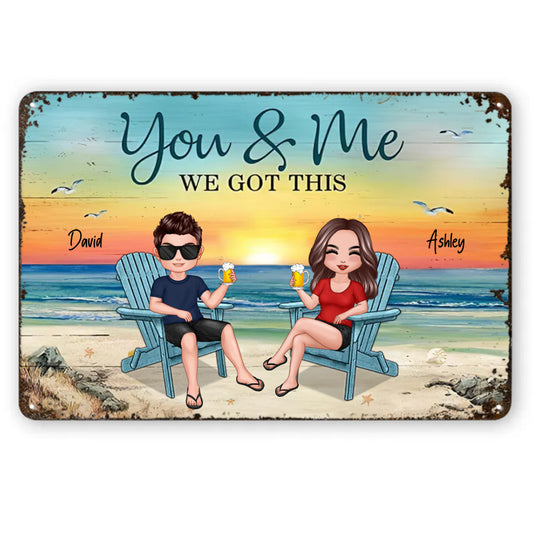 Doll Couple Sitting Beach Landscape - Personalized Horizontal Metal Signs
