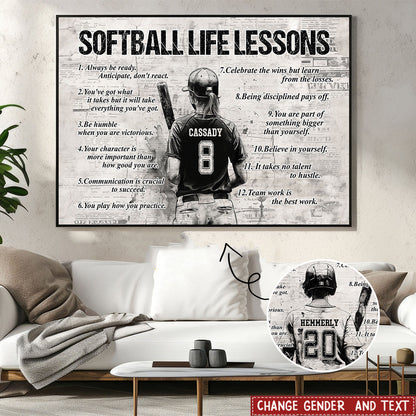 Personalized Softball Life Lessons Poster / Canvas - Custom Gift For Softball Lovers