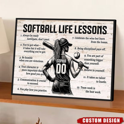 Personalized Custom Softball Life Lessons Canvas / Poster - Custom Motivational Softball Gift For Women Softball Players