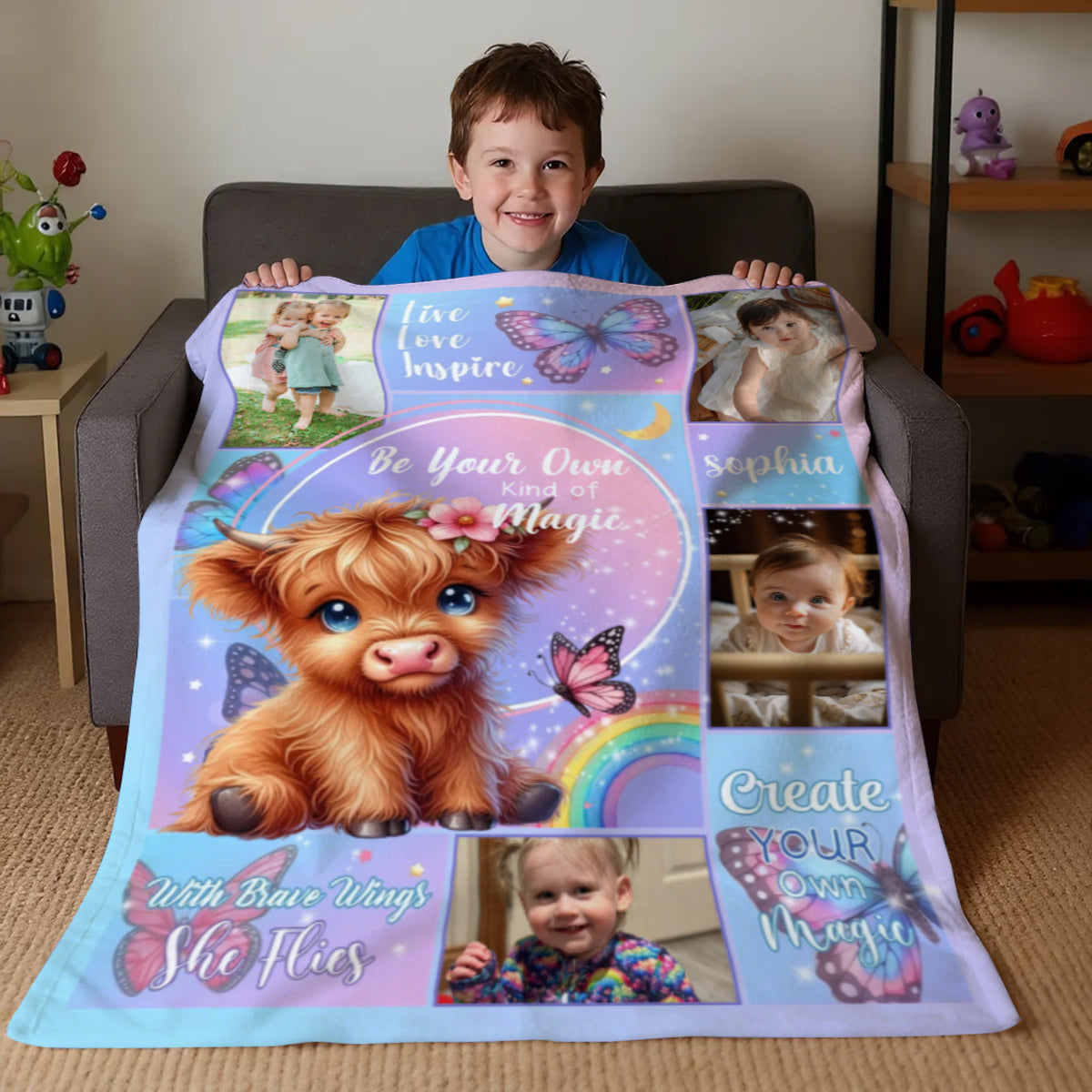 Personalized Floral Highland Cow Butterfly Soft Throw Blanket - Custom With Name and Photos