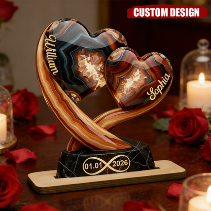 Personalized couple heart plaque featuring two custom names and infinity date in an elegant agate stone design