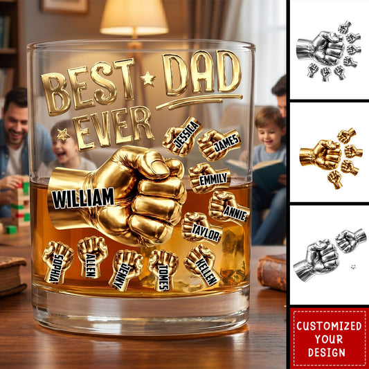 Personalized Best Dad Ever whiskey glass with custom metallic gold fist bump design and kids names