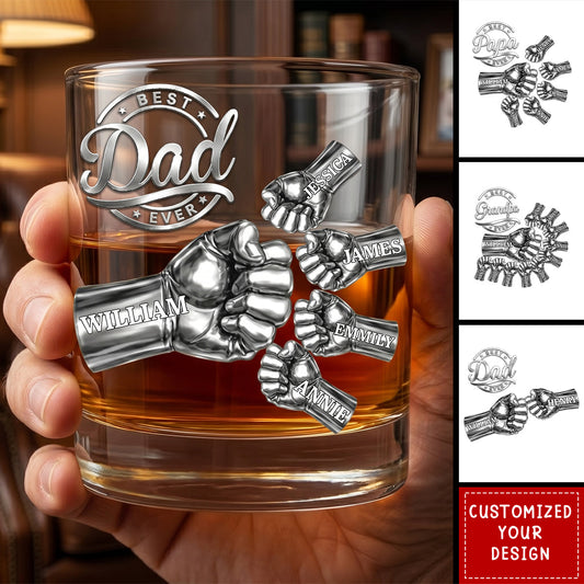 Custom whiskey glass for dad with metallic fist bump design and personalized names