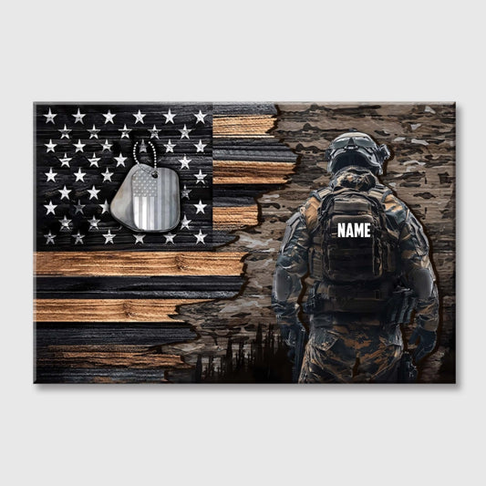 Personalized American Soldier & Dog Tags Rustic Flag Canvas / Poster - A Tribute of Honor for Dad, Grandpa & Military Heroes