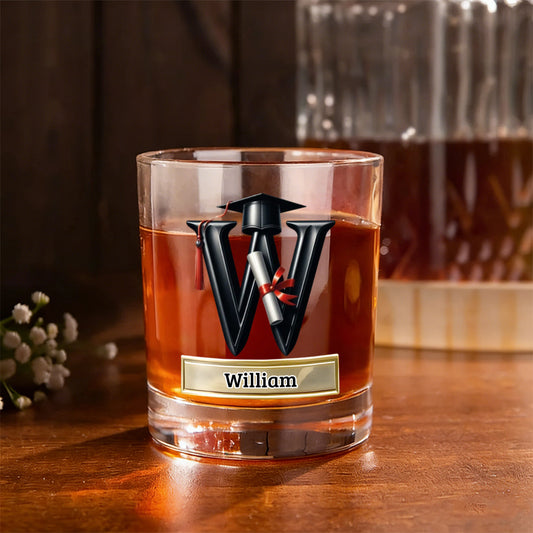 Personalized Graduation Cap Initial Whiskey Glass - Gift For Graduates & Whiskey Lovers
