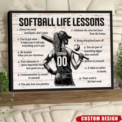 Personalized Custom Softball Life Lessons Canvas / Poster - Custom Motivational Softball Gift For Women Softball Players