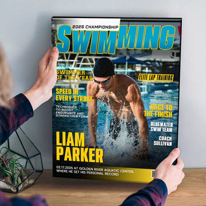 Personalized Swimming Magazine Cover Poster / Canvas - Custom Gift for Swimmers & Teams