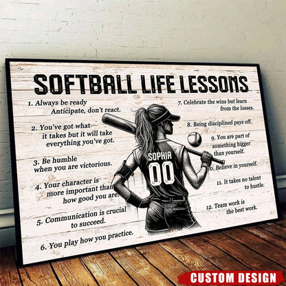 Personalized Custom Softball Life Lessons Canvas / Poster - Custom Motivational Softball Gift For Women Softball Players