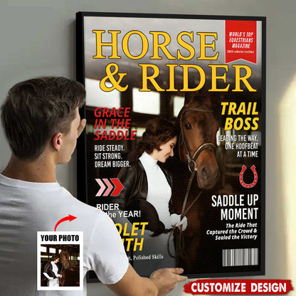 Personalized Horse and Rider Magazine Cover Poster / Canvas - Equestrian Gift for Horse Lovers