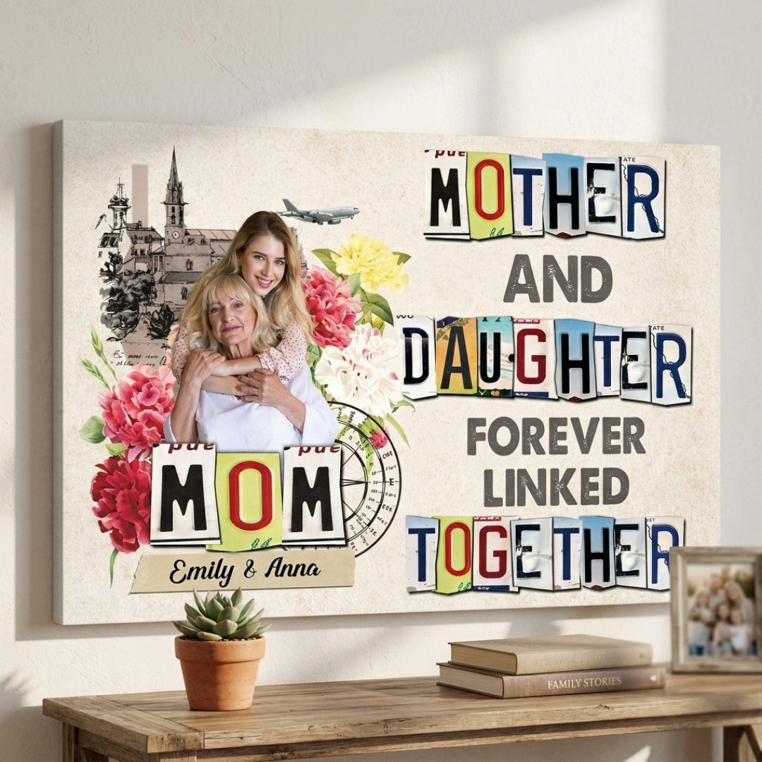 Mother And Daughter Forever Linked Together With Flowers - Personalized Custom Photo Poster / Canvas