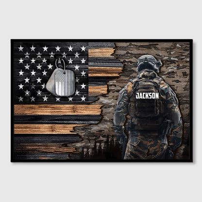 Personalized American Soldier & Dog Tags Rustic Flag Canvas / Poster - A Tribute of Honor for Dad, Grandpa & Military Heroes