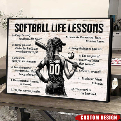 Personalized Custom Softball Life Lessons Canvas / Poster - Custom Motivational Softball Gift For Women Softball Players