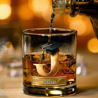 Personalized Graduation Cap Initial Whiskey Glass - Gift For Graduates & Whiskey Lovers
