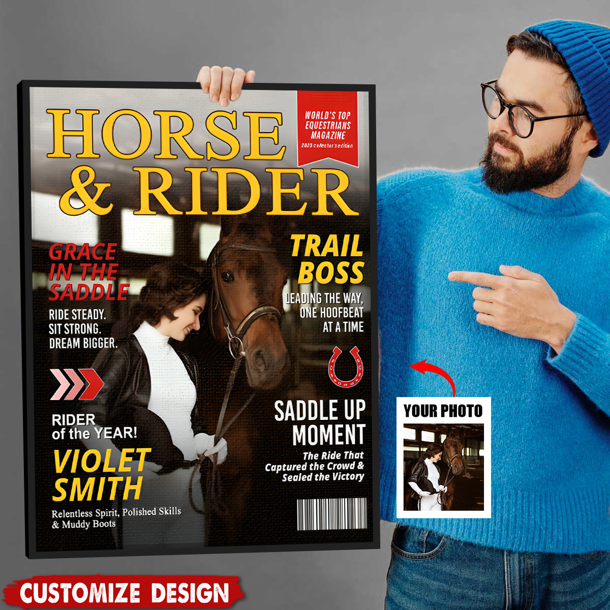 Personalized Horse and Rider Magazine Cover Poster / Canvas - Equestrian Gift for Horse Lovers