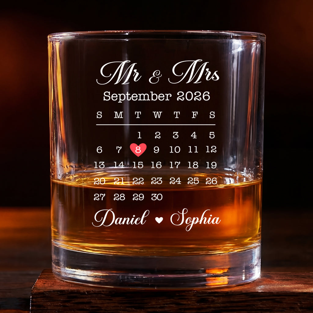 Mr & Mrs Custom Calendar Date Personalized Wedding Whiskey Glass - Anniversary Gift for Couples