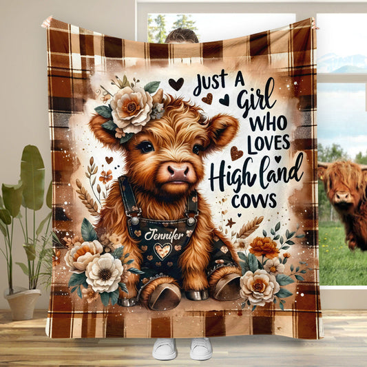 Personalized highland cow blanket featuring a cute baby cow in overalls with custom name Jennifer