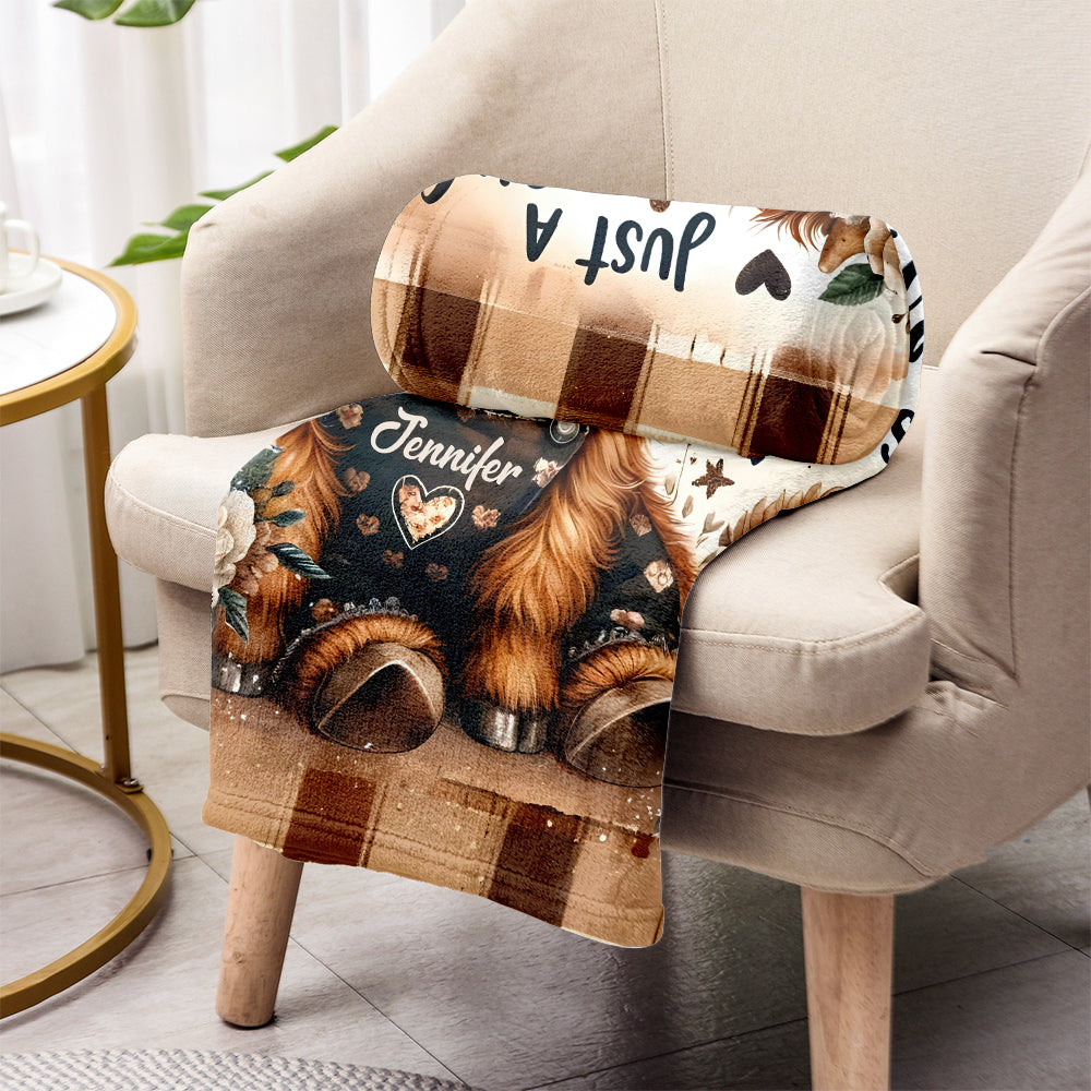 Personalized highland cow blanket featuring a cute baby cow in overalls with custom name Jennifer image 6