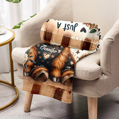 Personalized highland cow blanket featuring a cute baby cow in overalls with custom name Jennifer image 6