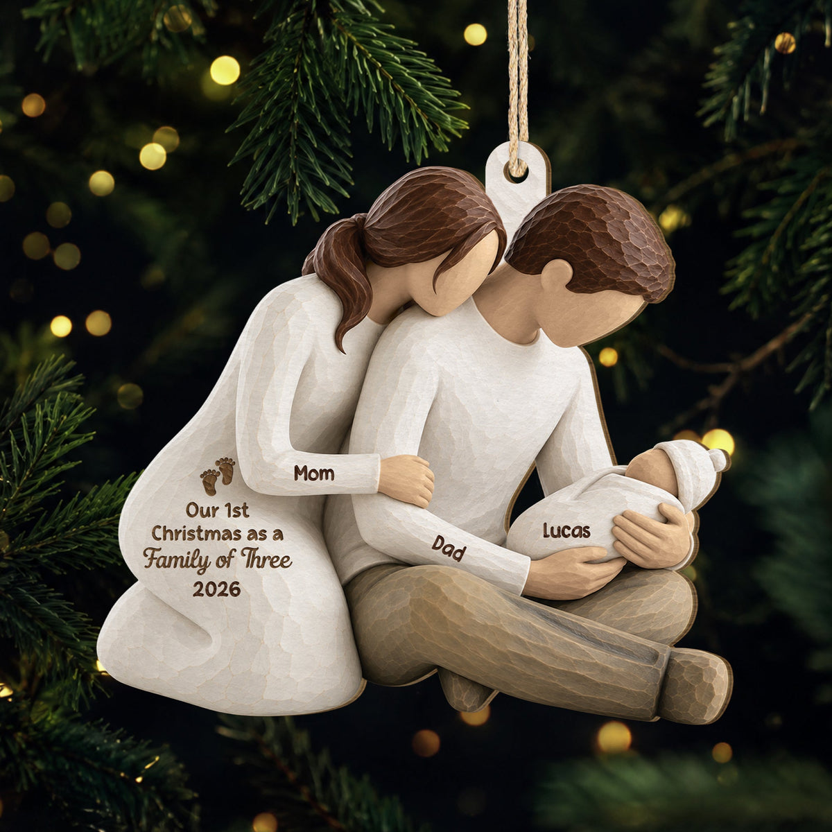 "Our First Christmas as a Family of Three" Personalized Wooden Ornament - Custom Newborn Keepsake