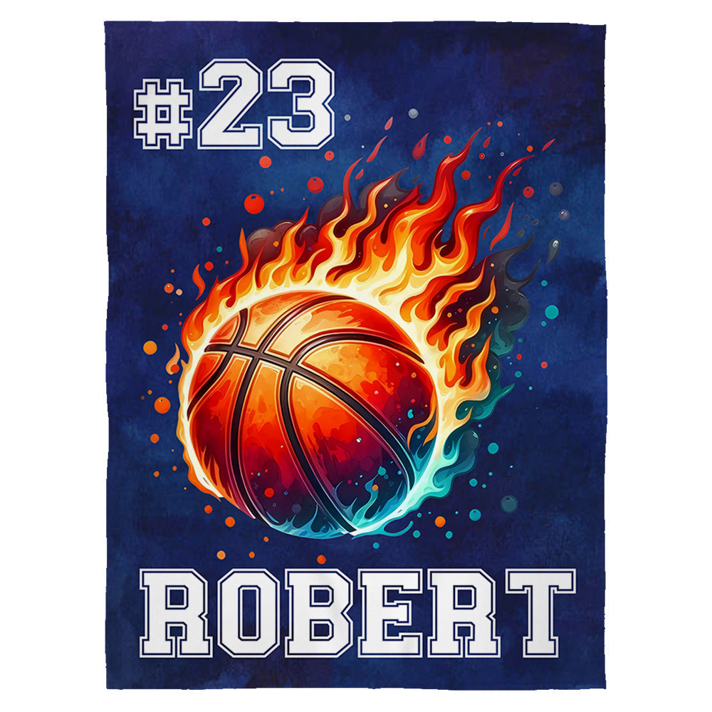 Personalized Flaming Basketball Throw Blanket - Custom Name & Number Gift for Fans