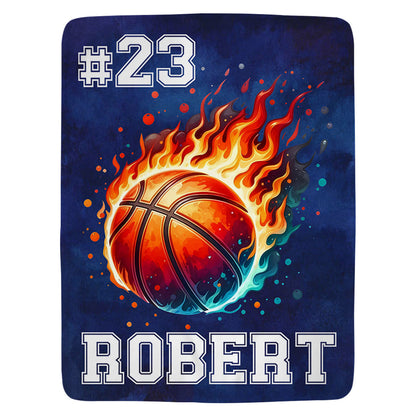 Personalized Flaming Basketball Throw Blanket - Custom Name & Number Gift for Fans