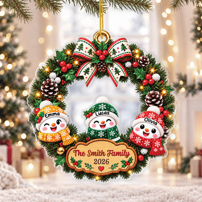 Snowman Wreath Personalized Acrylic Ornament for Family - Custom Christmas Tree Keepsake