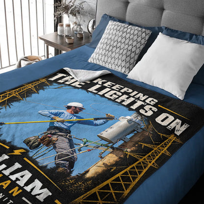 Keeping The Lights On Personalized Lineman Blanket - Custom Photo Gift for Dad or Husband