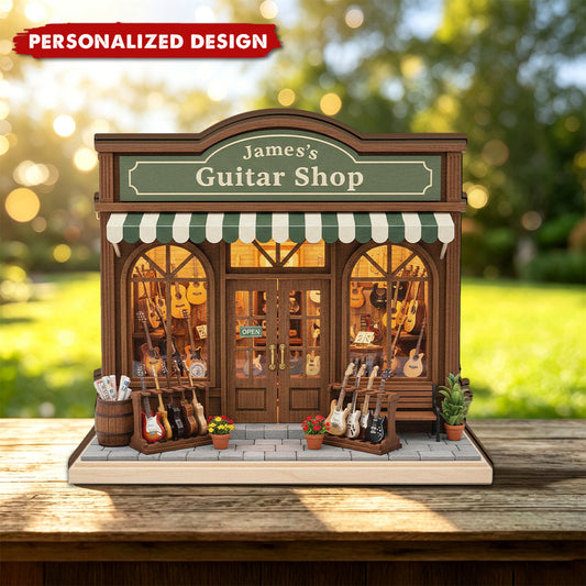 Personalized guitar shop wooden block sign with custom name James - unique 3D layered gift for music lovers