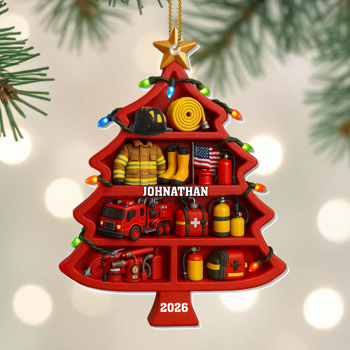 Custom Firefighter Gear Christmas Tree Acrylic Ornament - Personalized First Responder Gift