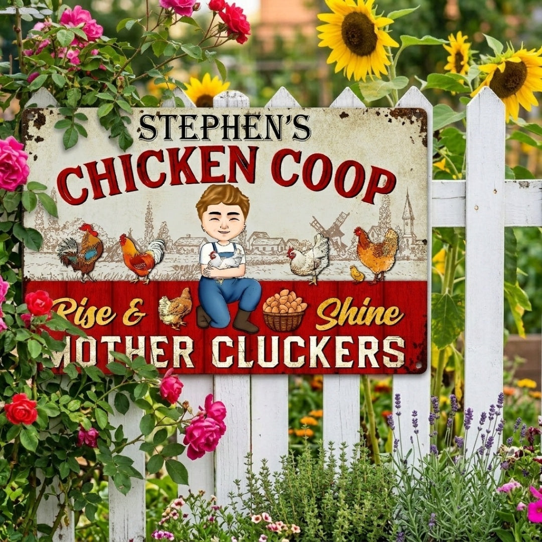 Personalized 'Rise & Shine Mother Cluckers' Chicken Coop Metal Sign