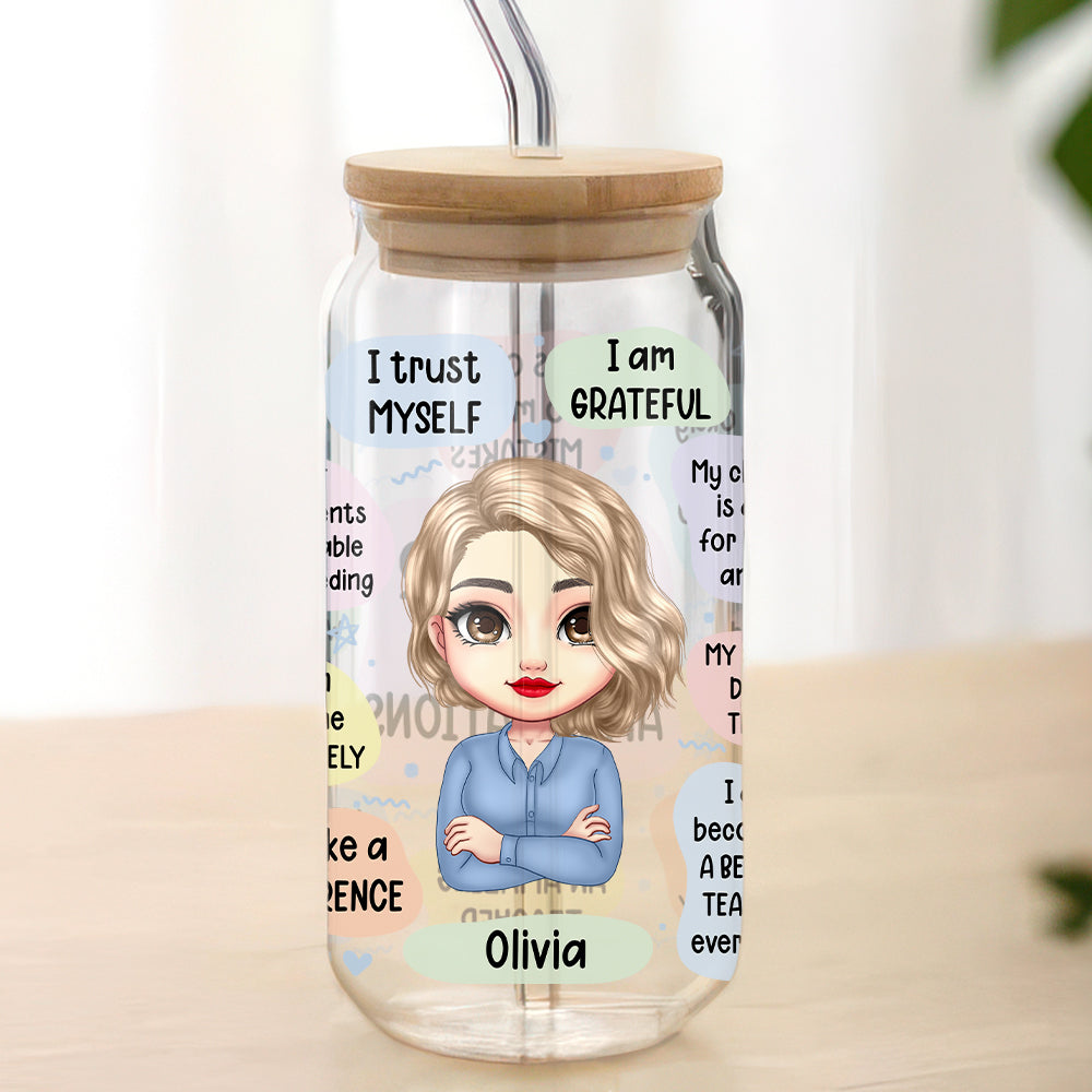 Teacher Daily Affirmations Personalized Glass Can - Custom Gift for Educator