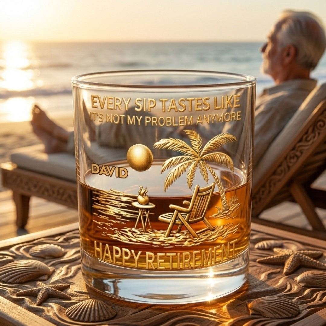 Every Sip Tastes Like Happy Retirement - Palm Trees, Beach Chair & Sun Design Scene - Personalized Custom Whiskey Glass