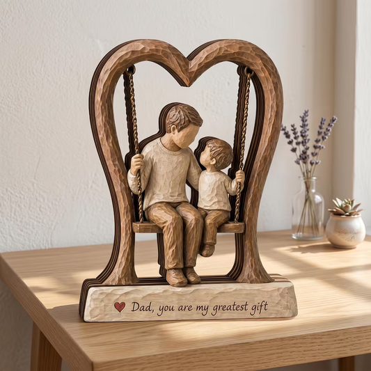 Personalized wooden plaque featuring a father and son on a heart swing with quote - custom Father's Day gift for dad