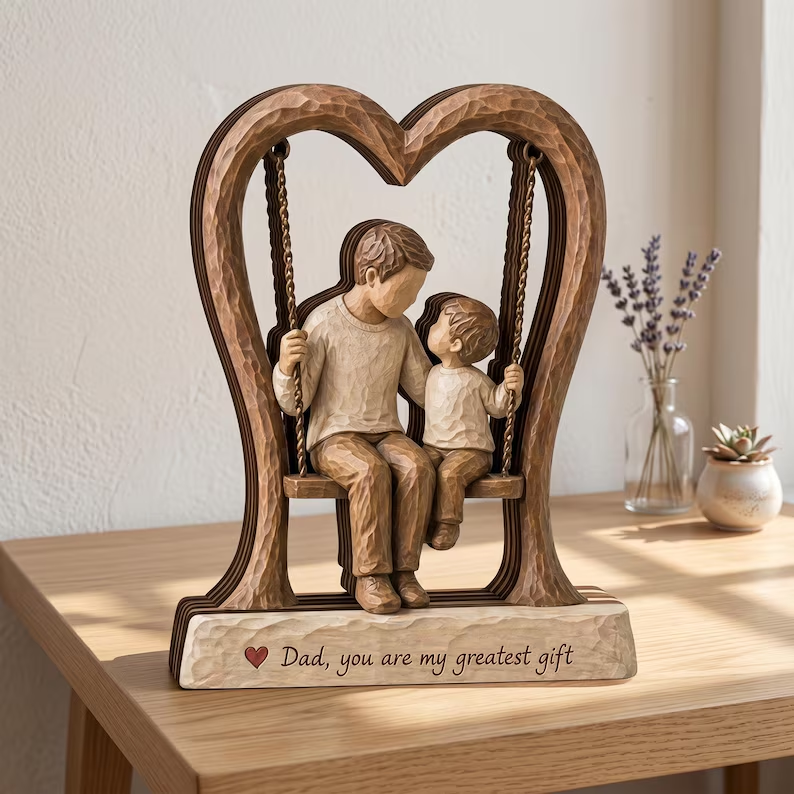 Personalized wooden plaque featuring a father and son on a heart swing with quote - custom Father's Day gift for dad