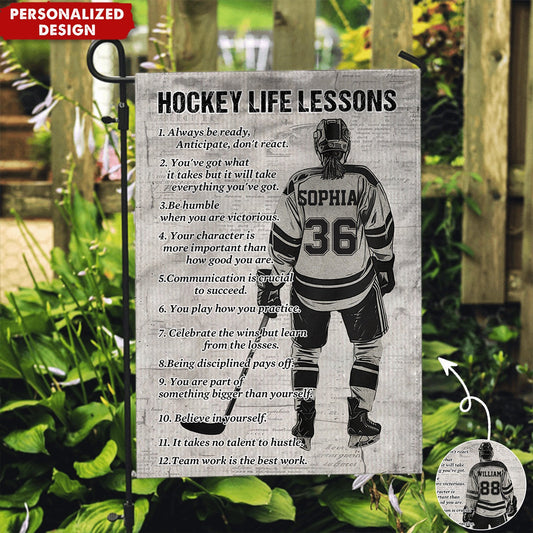 Personalized hockey garden flag featuring 12 life lessons and a custom player jersey design for ice hockey lovers