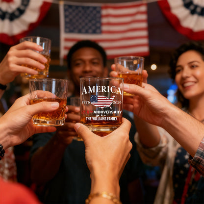America 250th Anniversary - Personalized Family Name Whiskey Glass