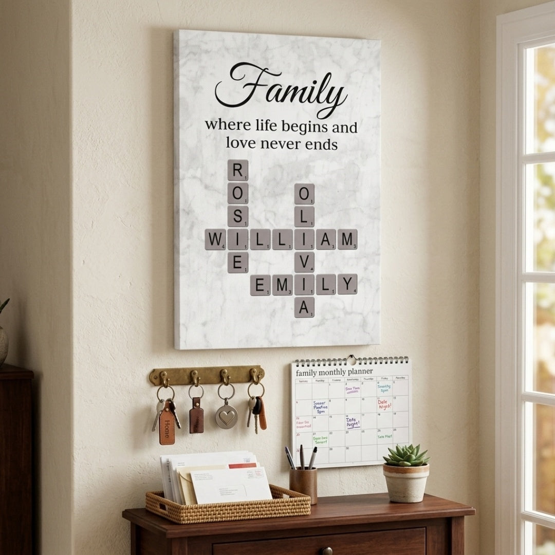 Where Life Begins and Love Never Ends - Personalised Family Crossword Canvas / Poster