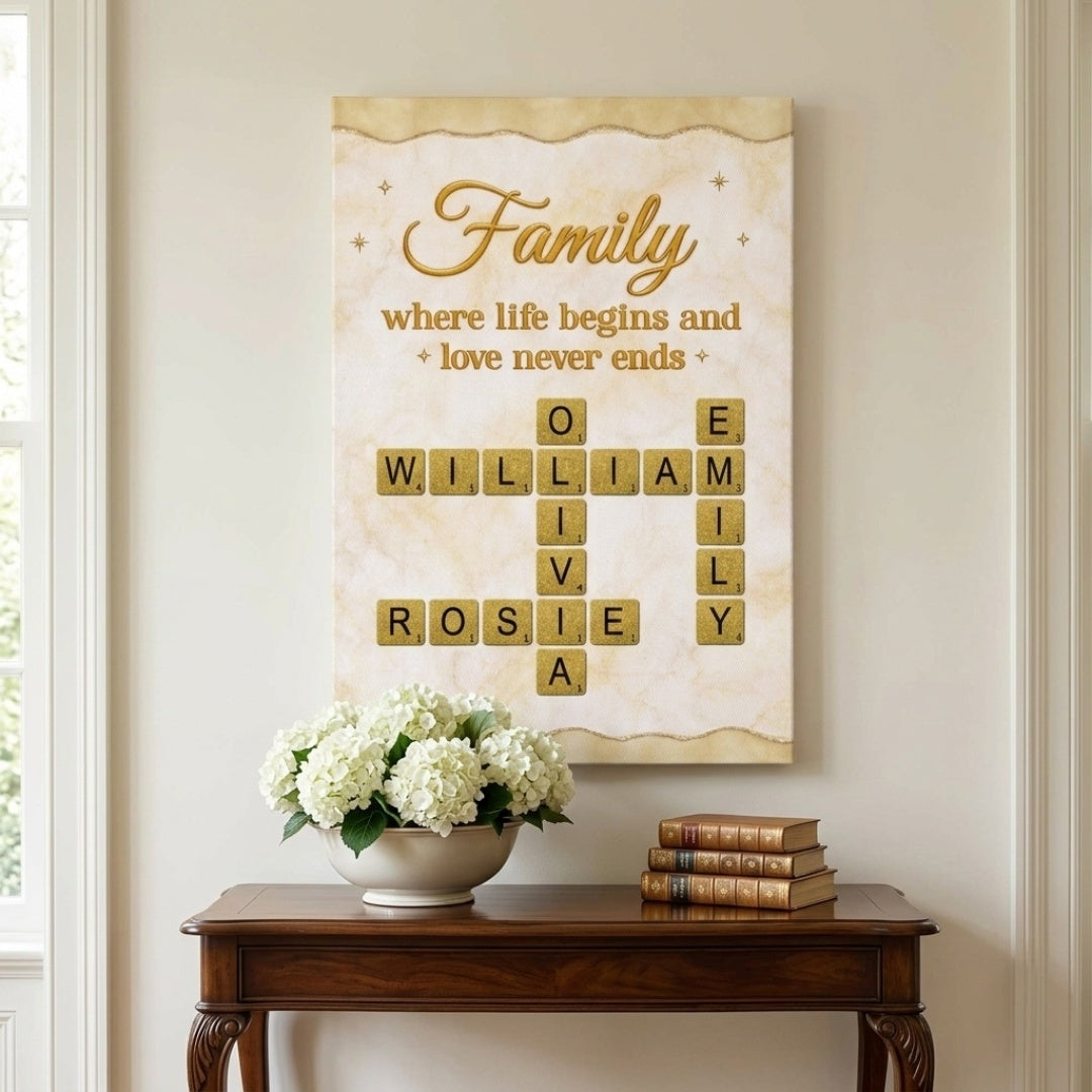 Family Where Life Begins And Love Never Ends - Personalised Custom Crossword Canvas / Poster