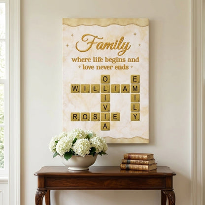 Family Where Life Begins And Love Never Ends - Personalised Custom Crossword Canvas / Poster