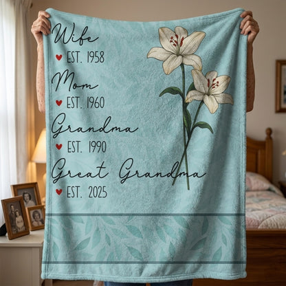 Personalized Birth Flower Blanket for Mom, Wife, Grandma with Est. Dates