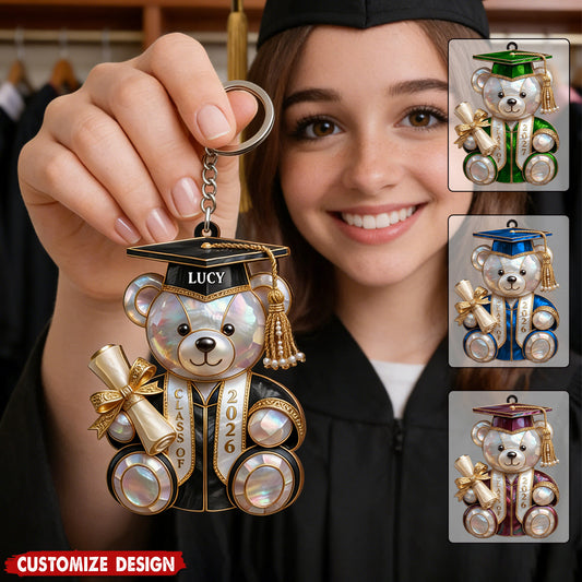 Personalized Class of 2026 graduation bear keychain with custom name print - unique gift for graduate students