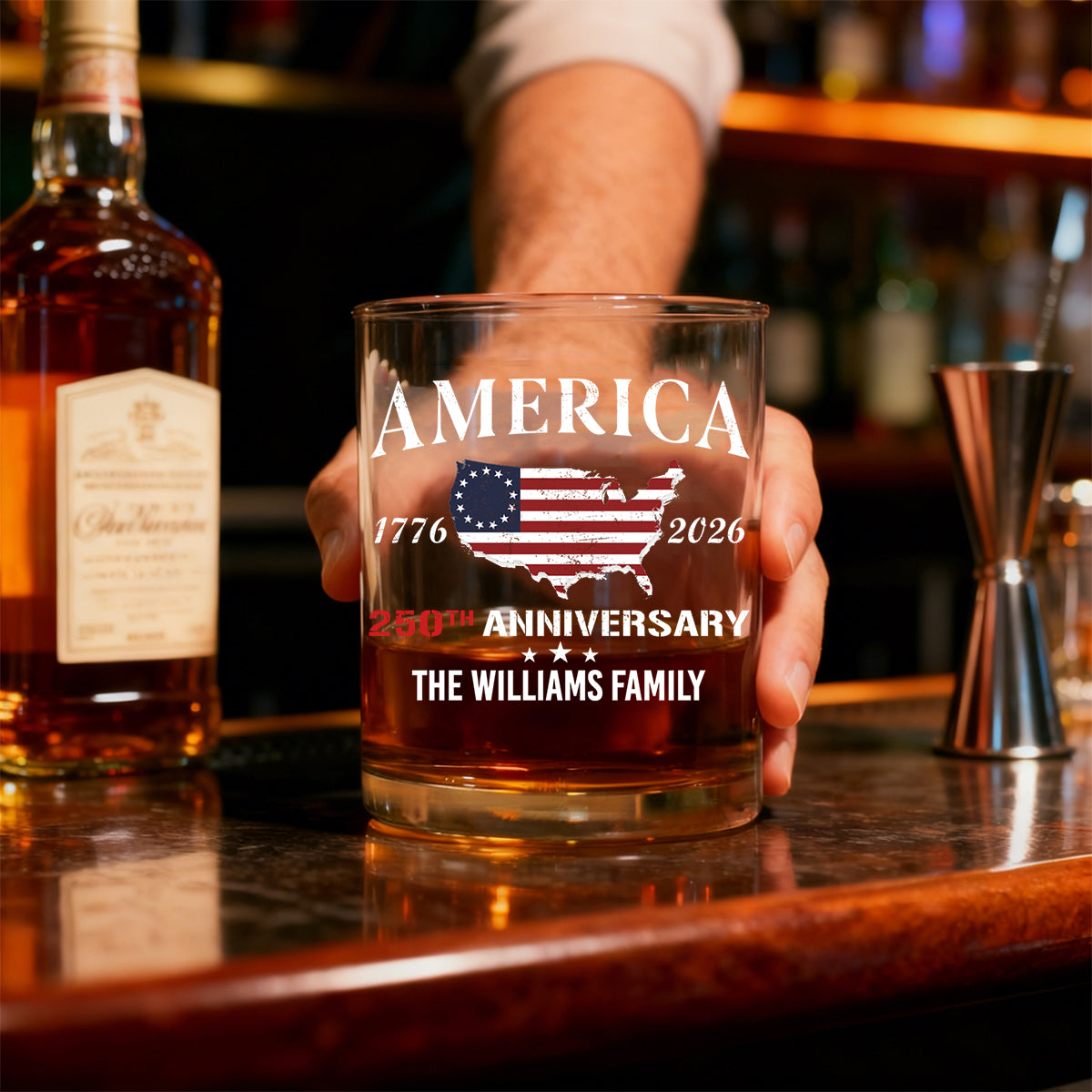 America 250th Anniversary - Personalized Family Name Whiskey Glass