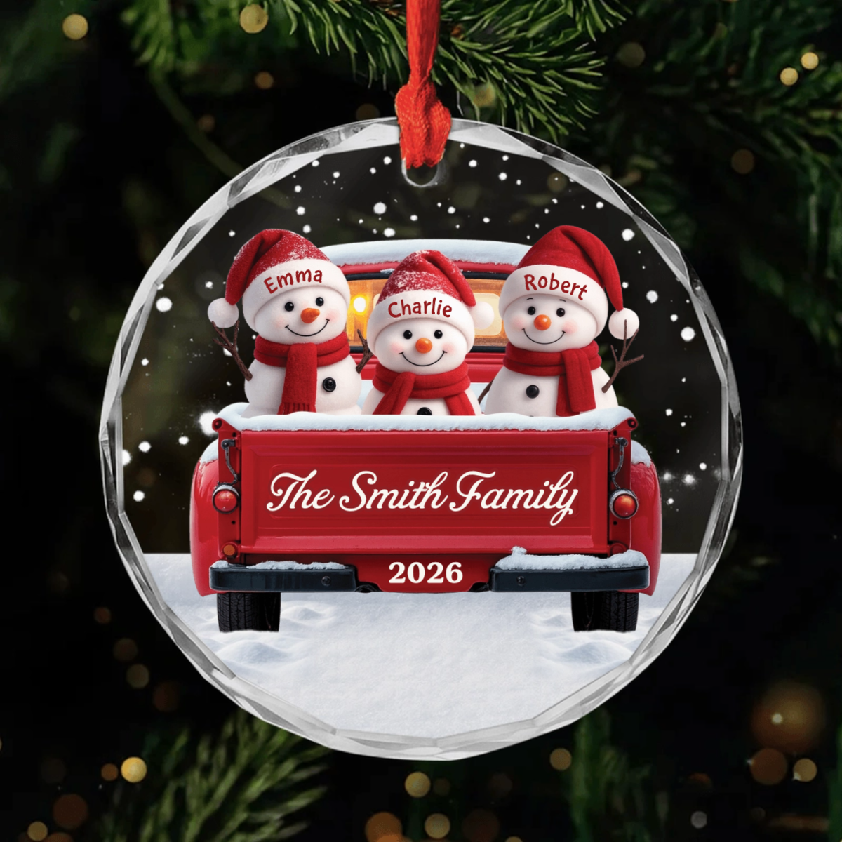 Personalized Snowman Family Glass Ornament - Custom Red Truck Keepsake for Christmas