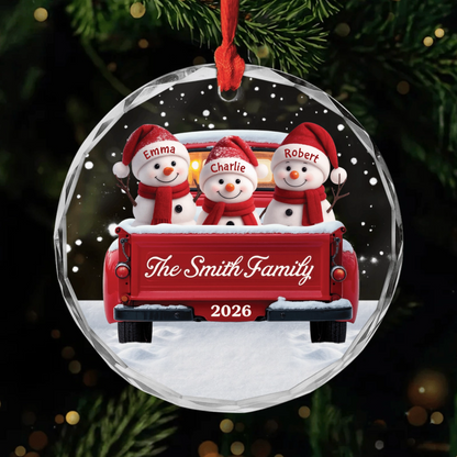 Personalized Snowman Family Glass Ornament - Custom Red Truck Keepsake for Christmas