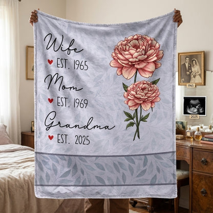Personalized Birth Flower Blanket for Mom, Wife, Grandma with Est. Dates