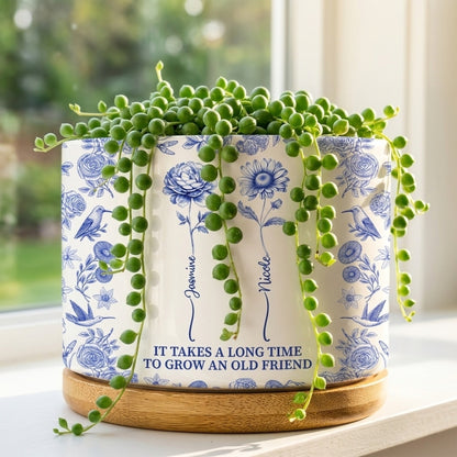 “Grow An Old Friend” Birth Flower Design - Personalized Toile De Jouy Ceramic Plant Pot