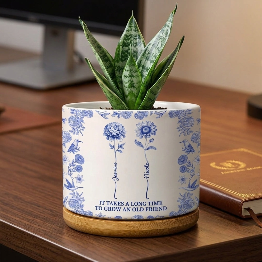 “Grow An Old Friend” Birth Flower Design - Personalized Toile De Jouy Ceramic Plant Pot