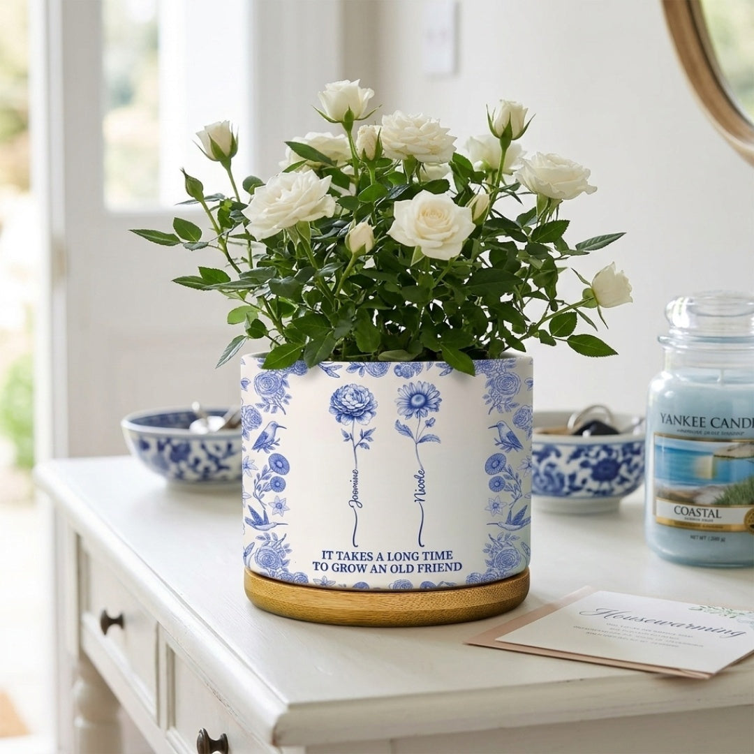 “Grow An Old Friend” Birth Flower Design - Personalized Toile De Jouy Ceramic Plant Pot