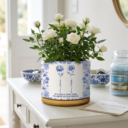 “Grow An Old Friend” Birth Flower Design - Personalized Toile De Jouy Ceramic Plant Pot